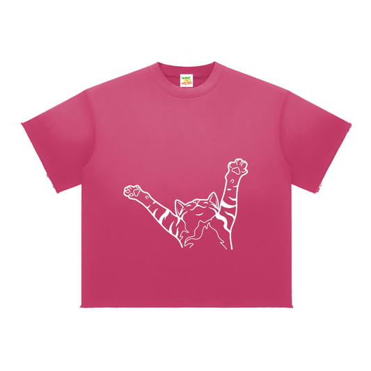 Pick Me up Right MEOW sun fade raw edge Tee (Kolache pose)