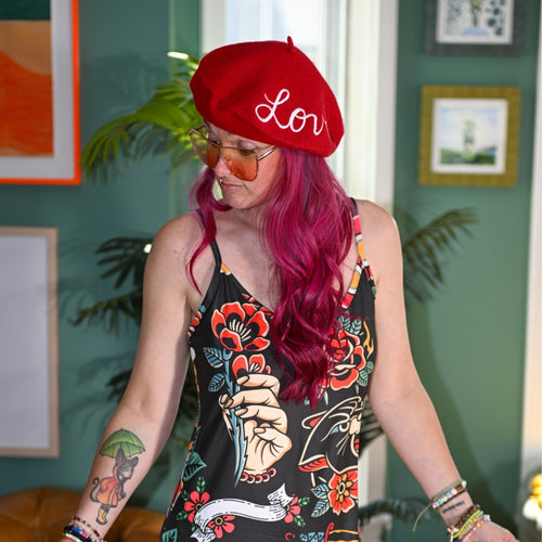 Love is All You Need!  Embroidered Beret in Red