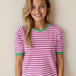 Stripe Short Puff Sleeve Contrast Trim Round Neck Tee - Pink