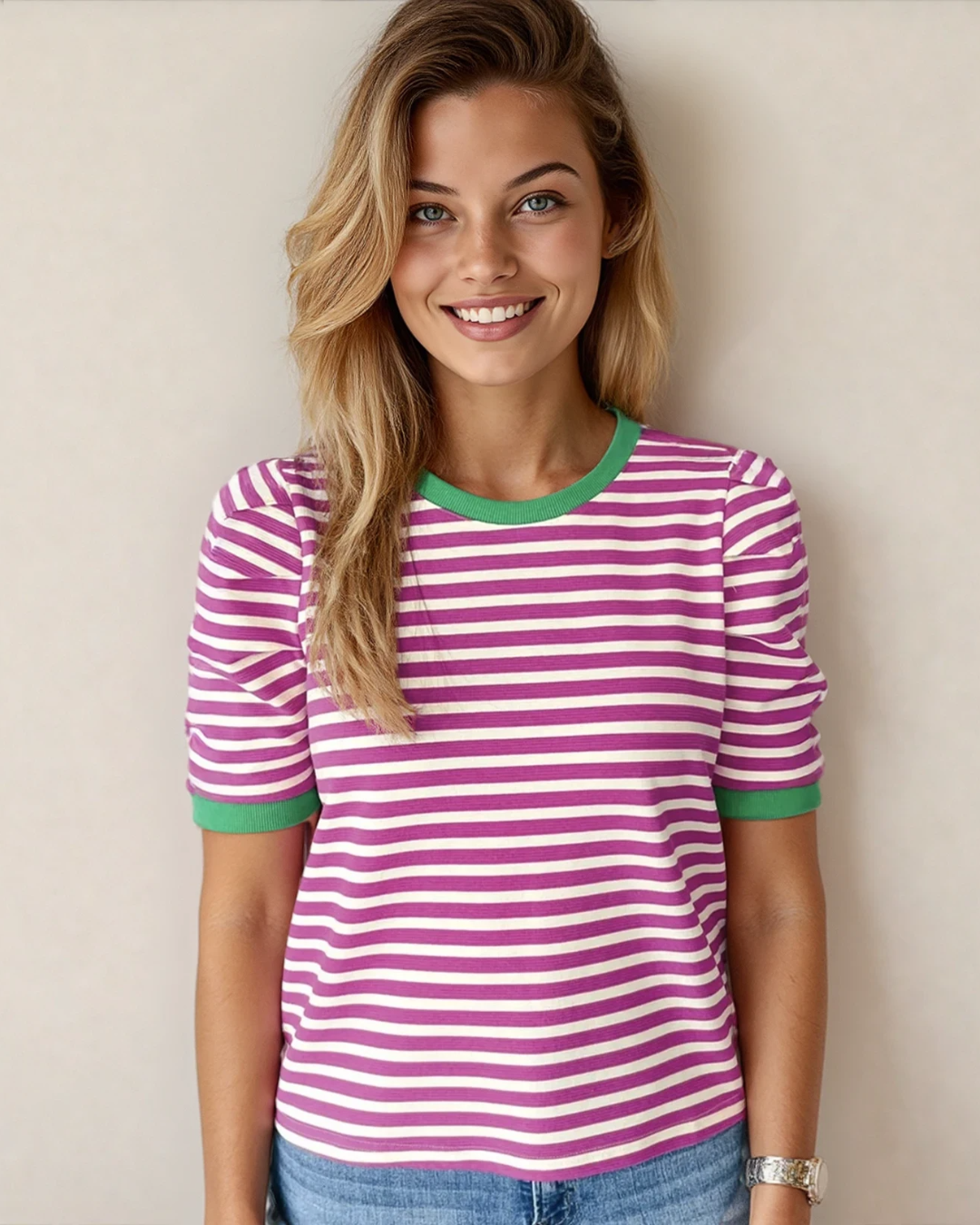 Stripe Short Puff Sleeve Contrast Trim Round Neck Tee - Pink