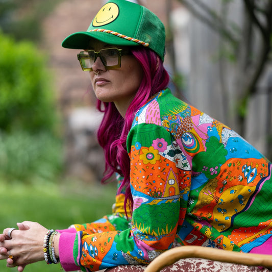 Landscape Pullover in Rainbow W/ Fuchsia Cuffs