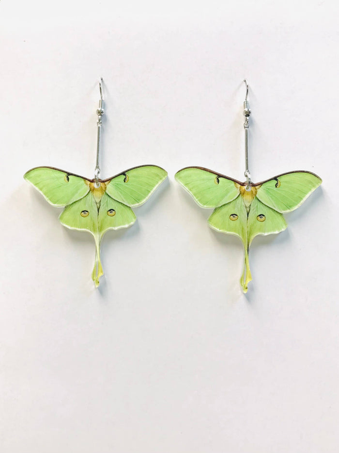 Green Luna Moth Earrings LONG BAR Dangle Earrings