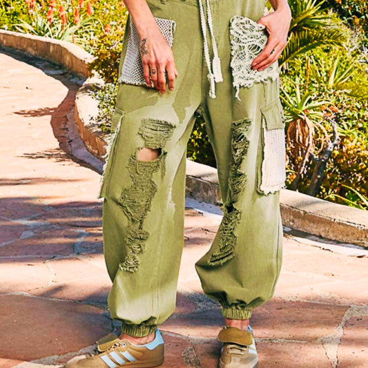 Vintage Wash Distress Jogger Pants with Crochet & Lace Patch details
