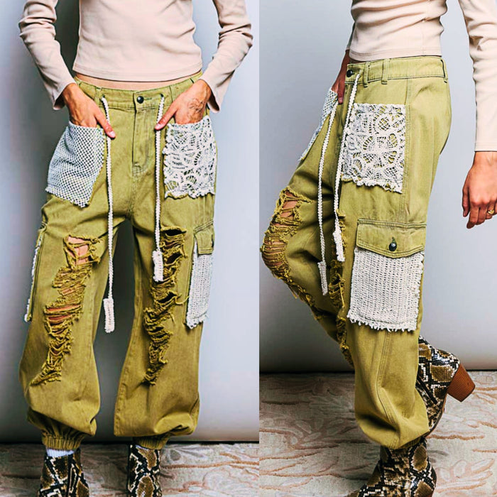 Vintage Wash Distress Jogger Pants with Crochet & Lace Patch details
