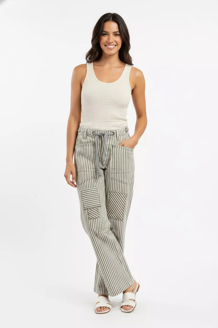 Drawstring Striped Twill Barrel Pants