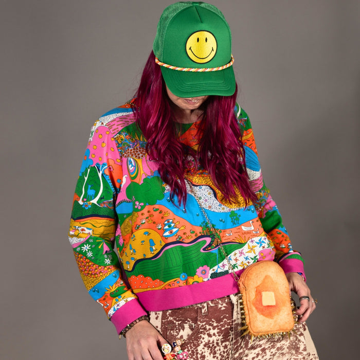 Landscape Pullover in Rainbow W/ Fuchsia Cuffs