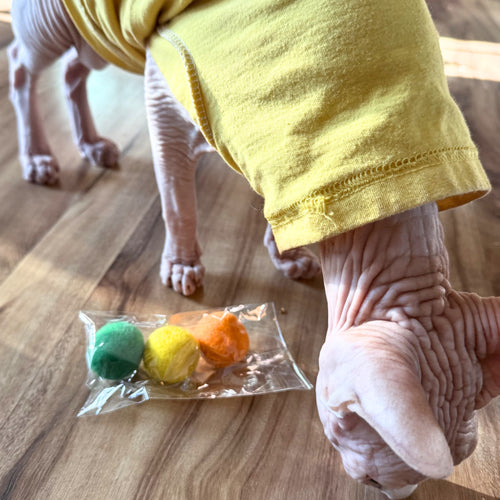 3 Felted Wool Ball Cat Toys   🟢 🟡 🟠