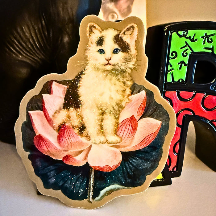 Lotus Flower Sparkly Cat Sticker