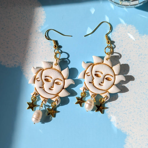 Sun and Moon solar gold white charm Clay earrings