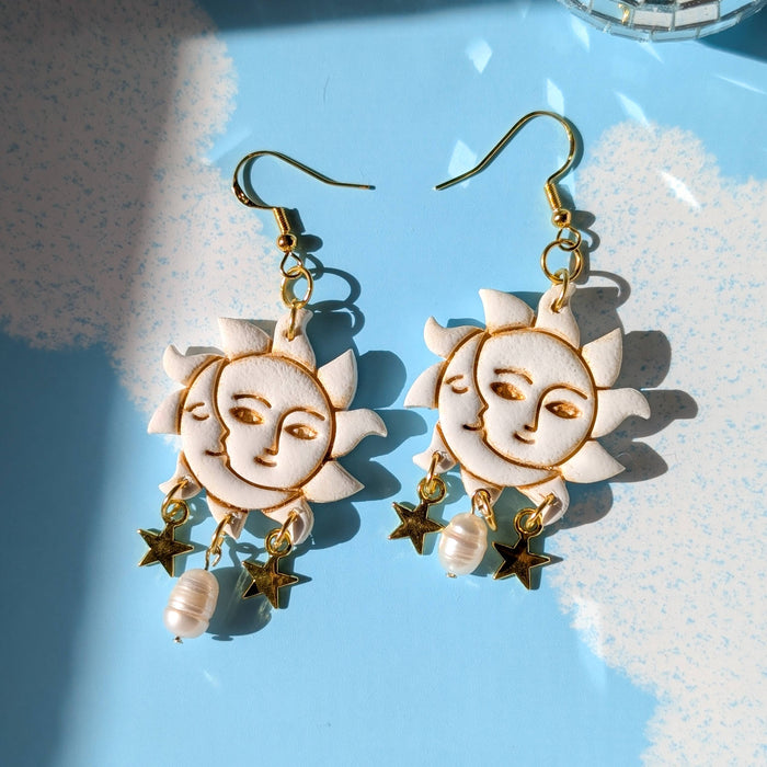 Sun and Moon solar gold white charm Clay earrings