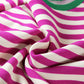 Stripe Short Puff Sleeve Contrast Trim Round Neck Tee - Pink