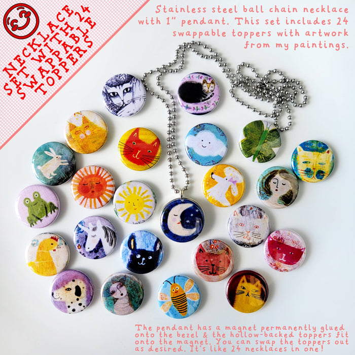 Necklace Set with 24 Interchangeable Art Toppers (Cute Cats!)