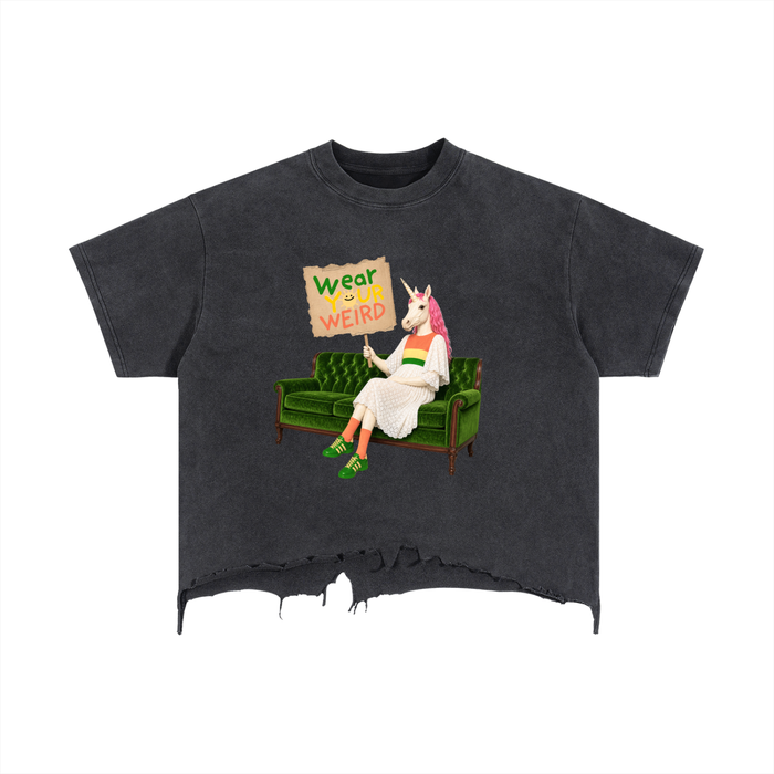 The Wear Your Weird Unicorn Vintage Wash Boxy Distressed Hem T-Shirt