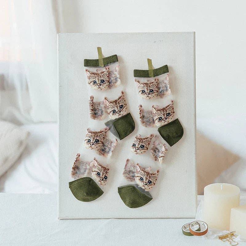 Sheer Cat Pattern Ankle Socks