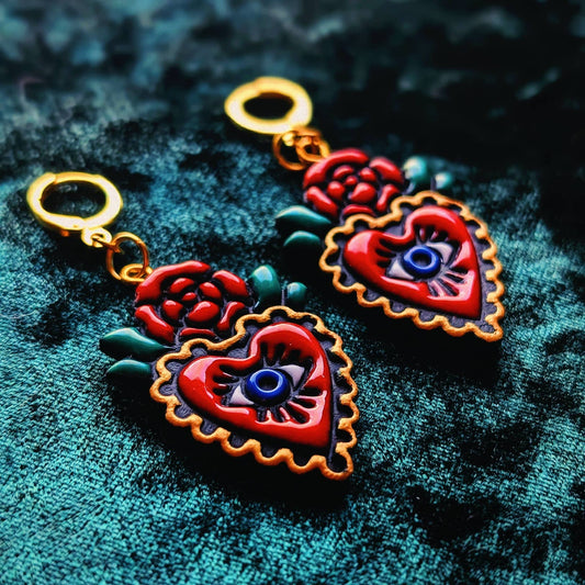 Hand painted sacred heart earrings gold traditional