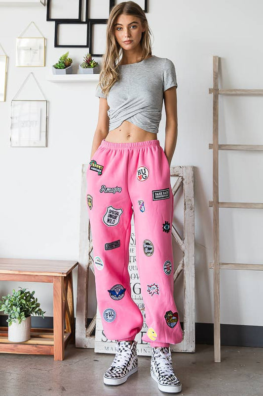 Multi Patches Joggers in Hot Pink