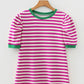 Stripe Short Puff Sleeve Contrast Trim Round Neck Tee - Pink