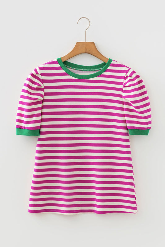 Stripe Short Puff Sleeve Contrast Trim Round Neck Tee - Pink