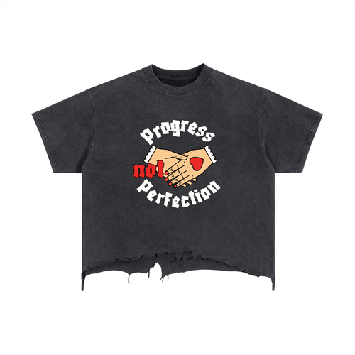 Progress Not Perfection Vintage Wash Boxy Distressed Hem T-Shirt
