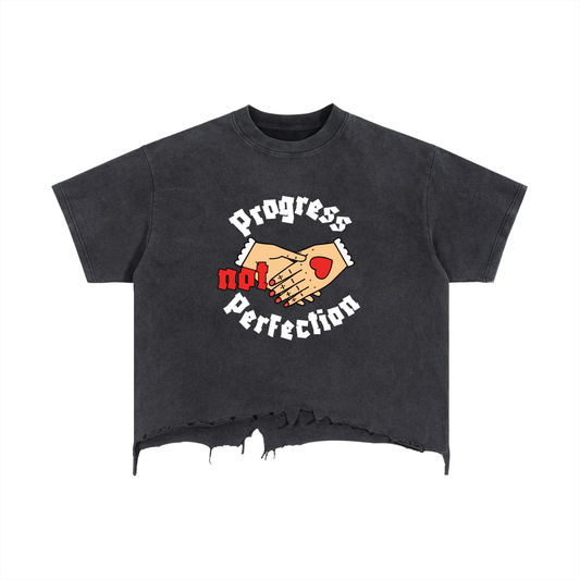 Progress Not Perfection Vintage Wash Boxy Distressed Hem T-Shirt