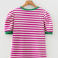 Stripe Short Puff Sleeve Contrast Trim Round Neck Tee - Pink