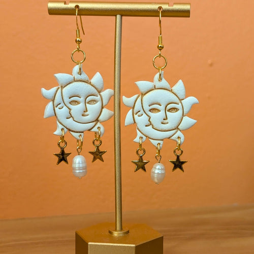 Sun and Moon solar gold white charm Clay earrings