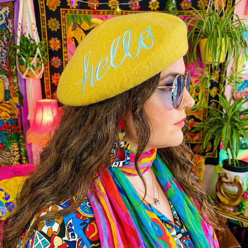 Hello Darling! Embroidered Beret in Yellow