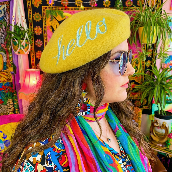 Hello Darling! Embroidered Beret in Yellow