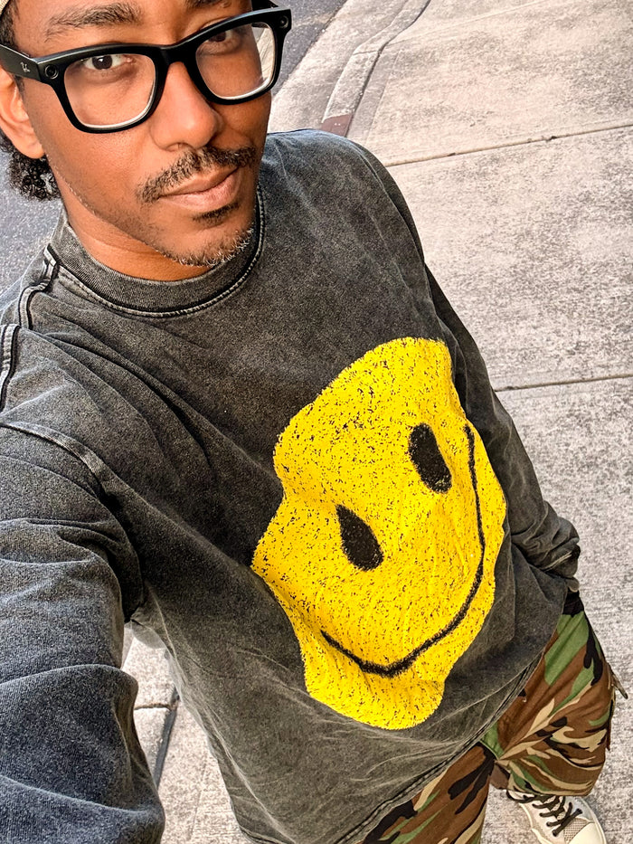 The Happiness Project Acid Wash Oversized Long Sleeve Tee