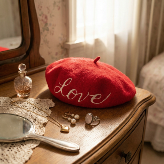 Love is All You Need!  Embroidered Beret in Red