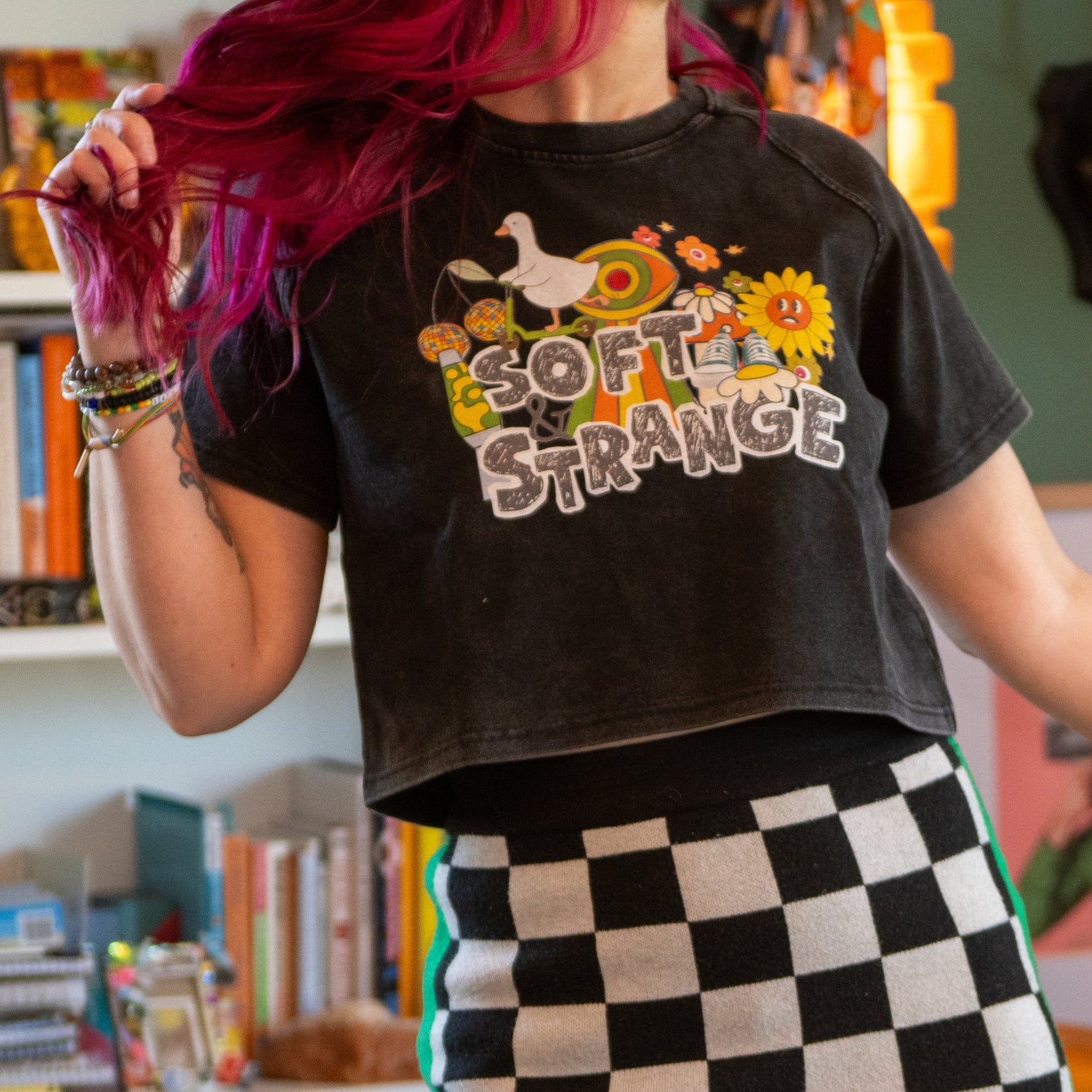 Soft & Strange Collage Women's Mineral Wash Crop T-Shirt