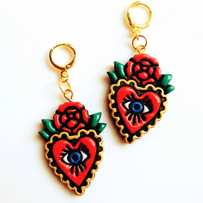 Hand painted sacred heart earrings gold traditional