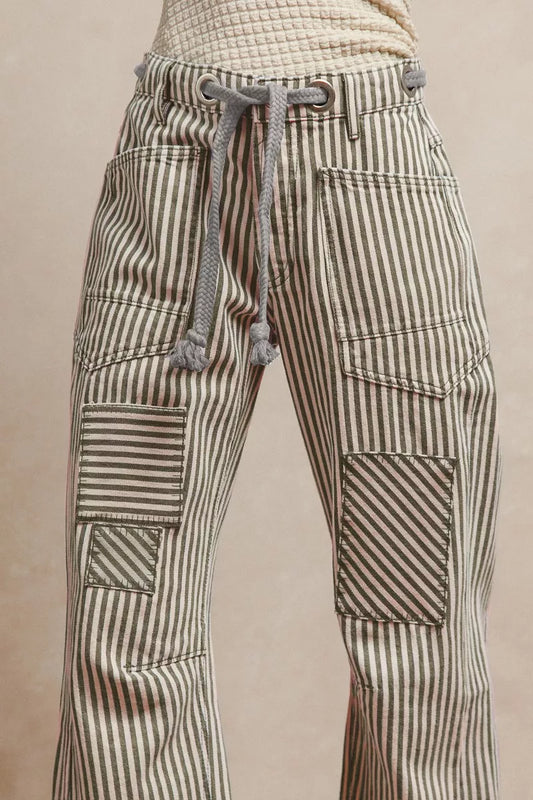 Drawstring Striped Twill Barrel Pants