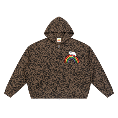 Rainbow Kitty Leopard Print Full Zip Hoodie