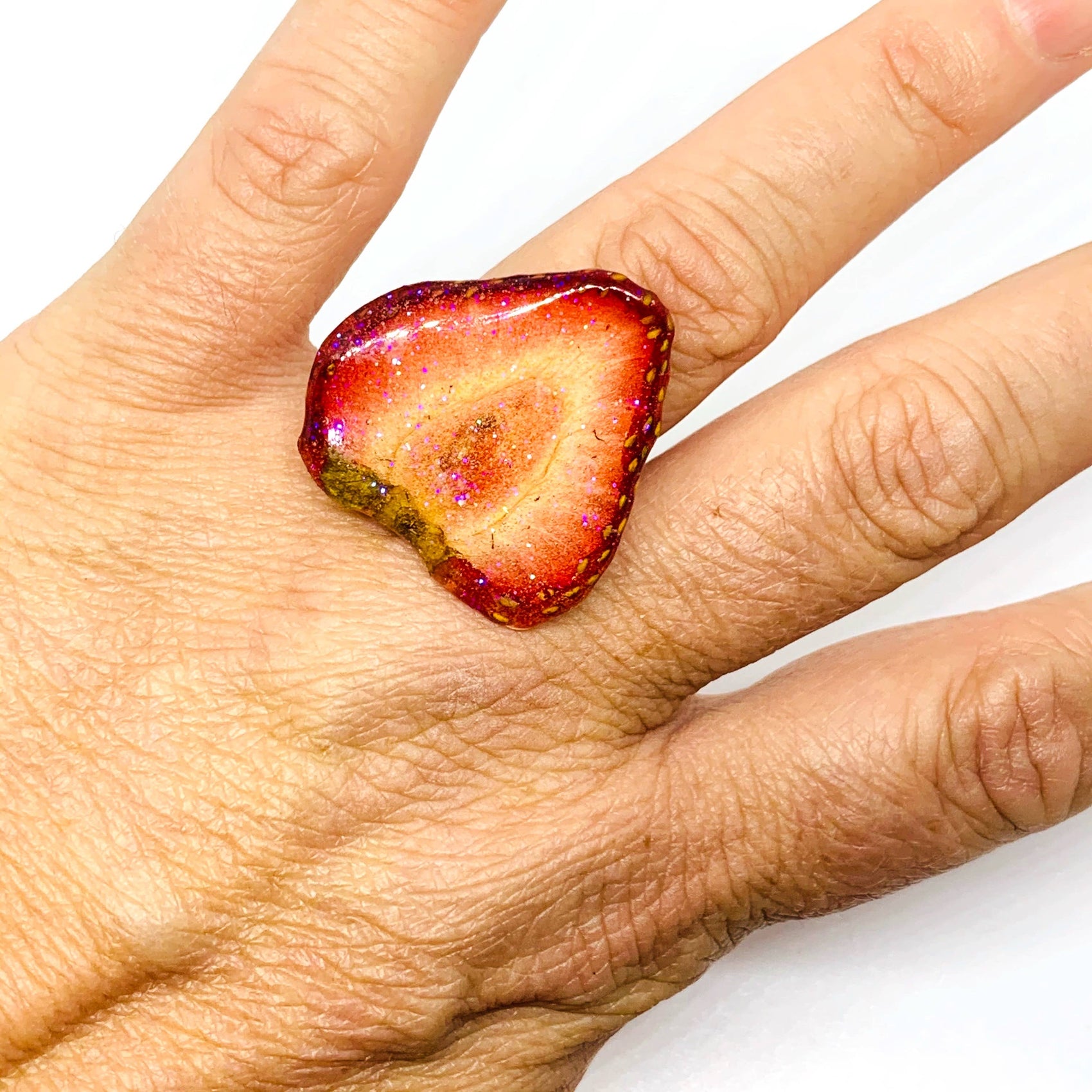 Glitter Real Strawberry Adjustable Ring