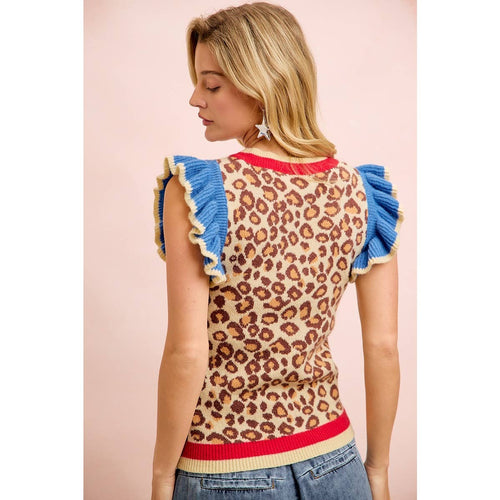 Leopard Loves Blue Ruffle Sweater Vest