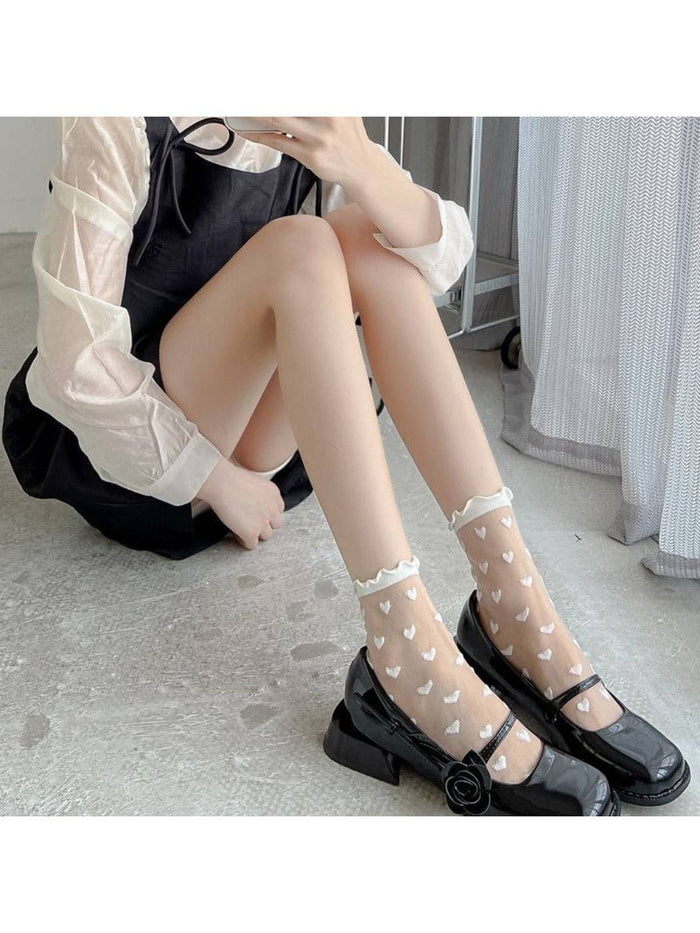 Sheer White Heart Pattern Crew Socks