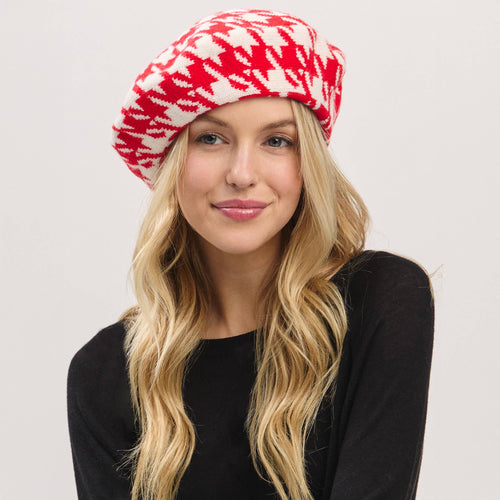 Houndstooth Pattern Knit Beret